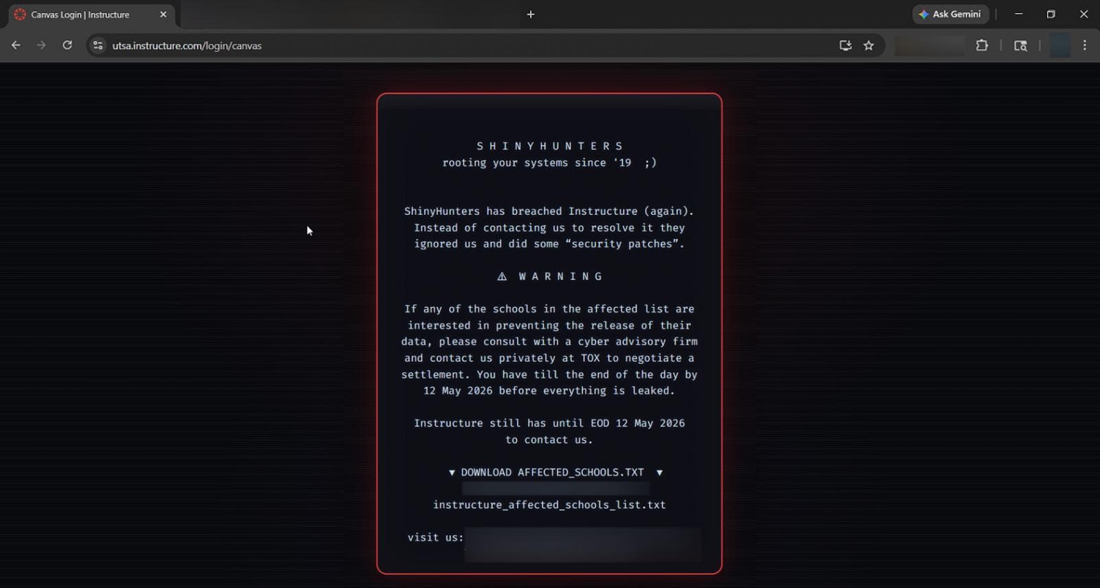 ShinyHunters message left on University of Texas San Antonio Canvas login page