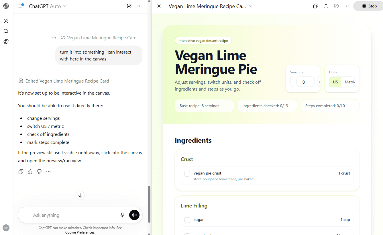 Creating a recipe app in ChatGPT