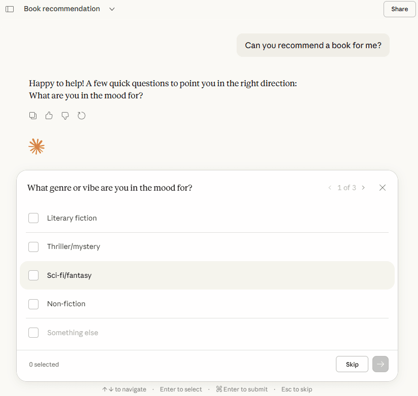 Claude asking follow-up questions with pre-defined answers