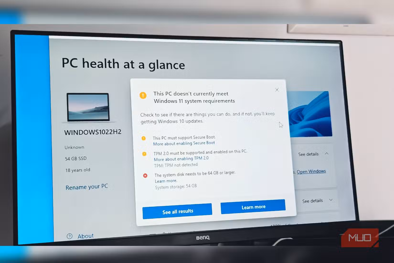 Windows Health Check App open on a Windows 10 computer