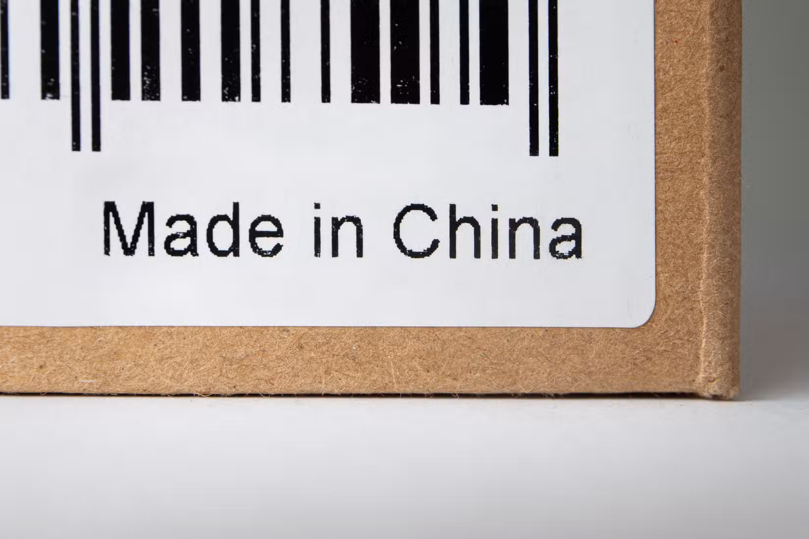 Close-up of a product label reading “Made in China” beneath a barcode.