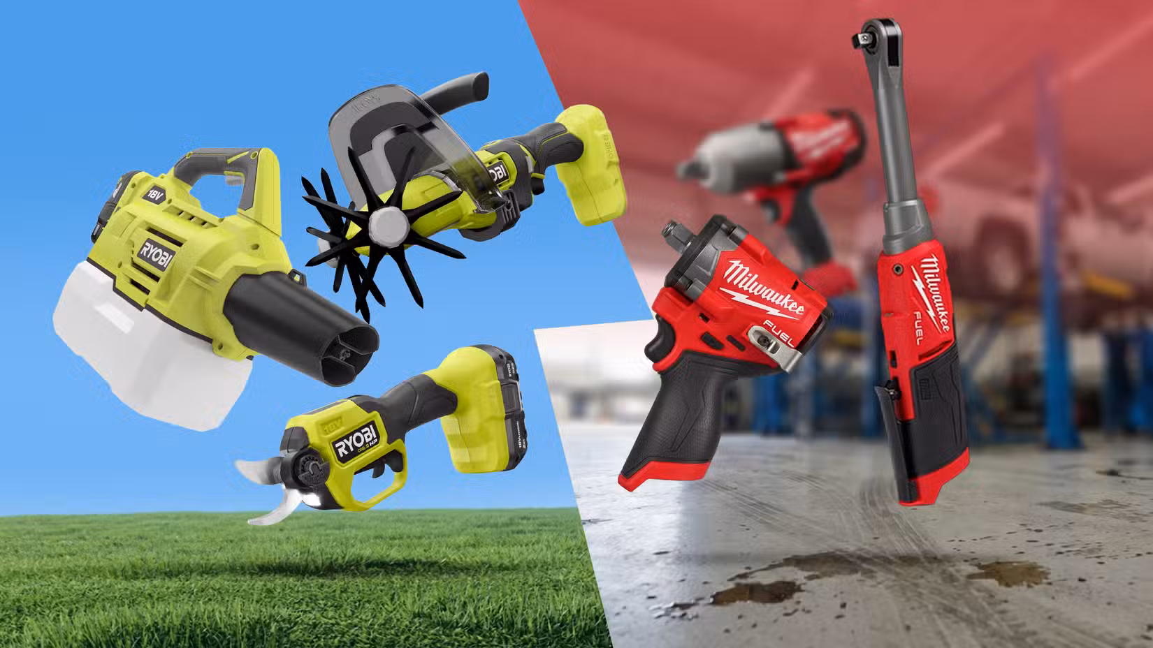 A split image showing green Ryobi yard tools floating over grass on the left, and red Milwaukee power tools in a mechanic's garage on the right.