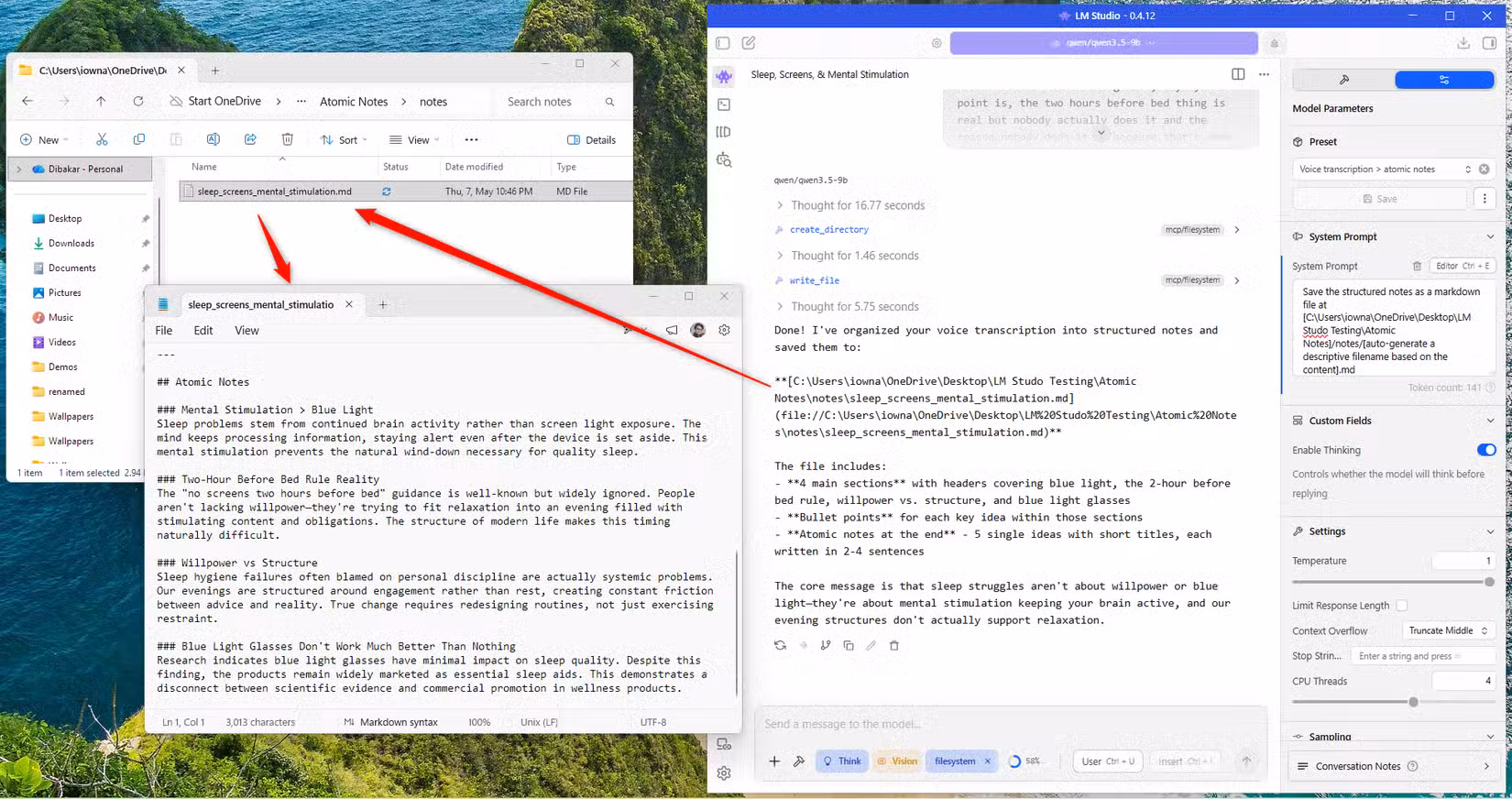 Voice transcription about sleep and screen stimulation processed by LM Studio into structured Atomic Notes markdown saved to a local folder.