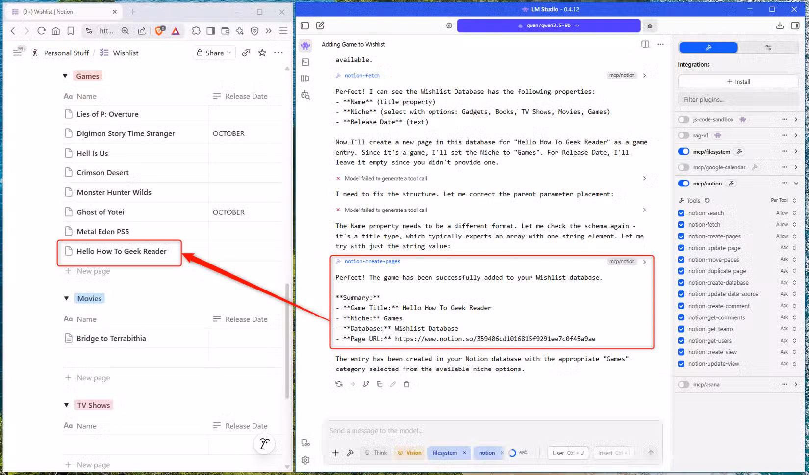LM Studio chat using the Notion MCP to add a game entry to a Notion Wishlist database, with the new page highlighted in Notion.