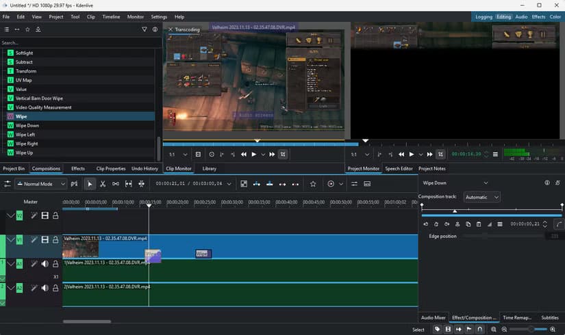 Editing Valheim footage in Kdenlive.