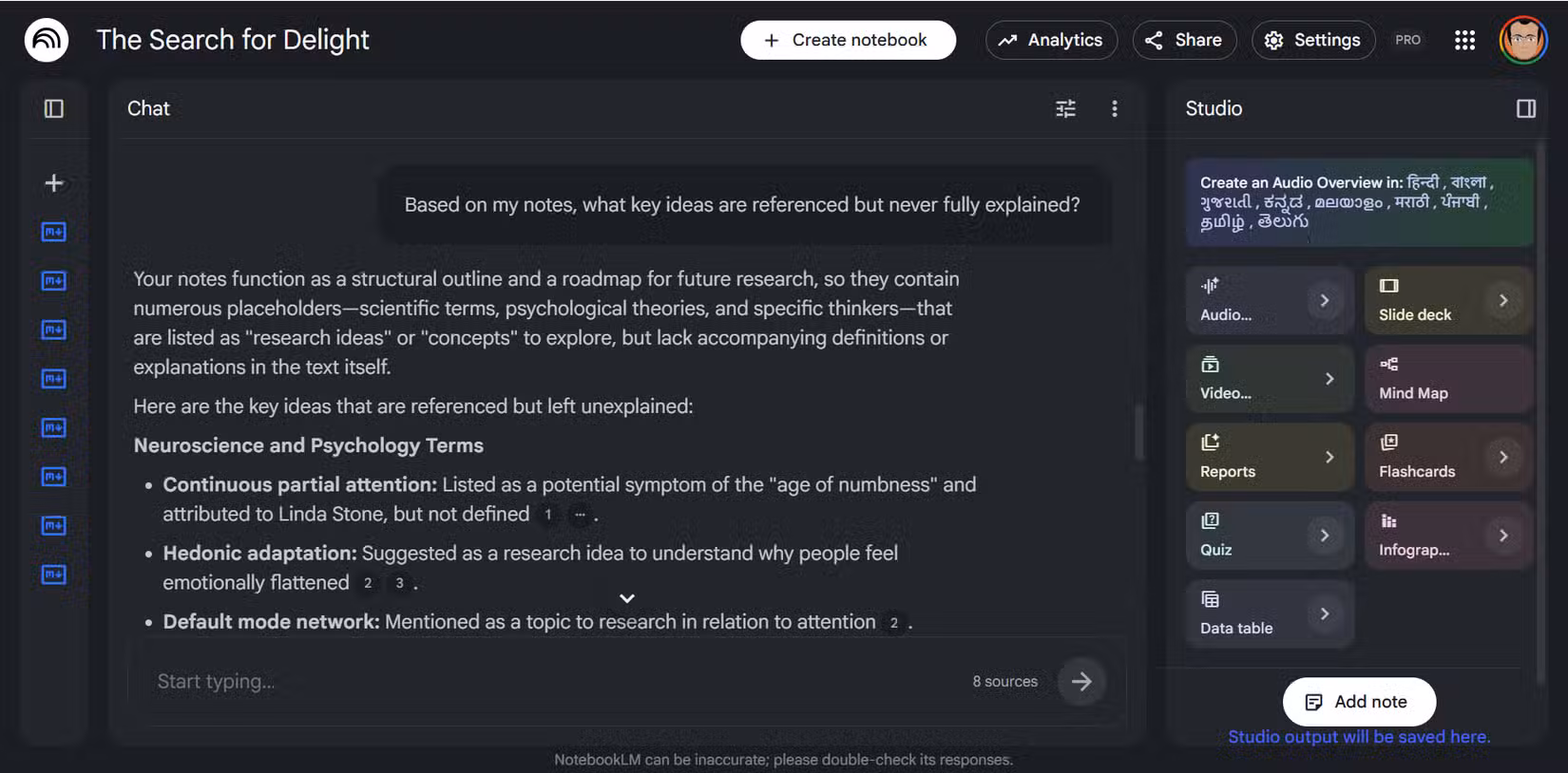 NotebookLM chat showing a prompt asking for unexplained ideas, with the AI response citing specific source gaps.