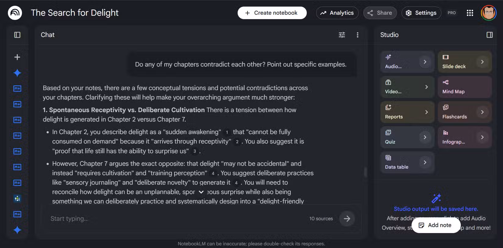 NotebookLM chat showing a prompt asking for contradictions across chapters, with the AI flagging conflicting arguments and citing sources.