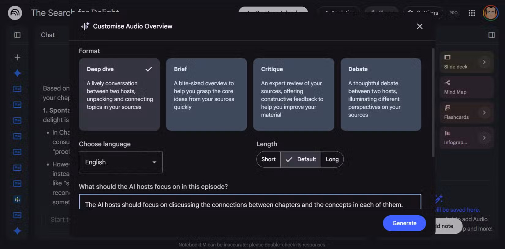 NotebookLM Audio Overview customization panel with Format and other settings.