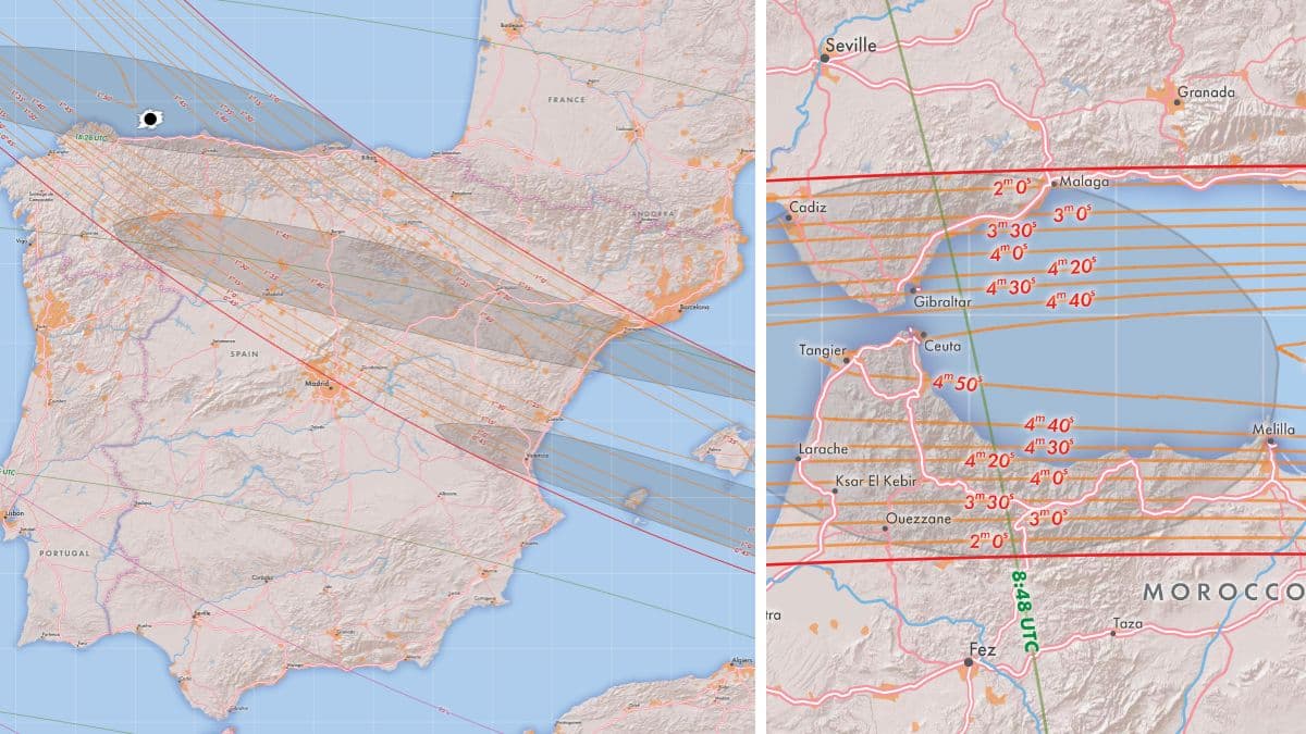 side by side images of maps for the 2026 and 2027 total solar eclipse path through Spain.
