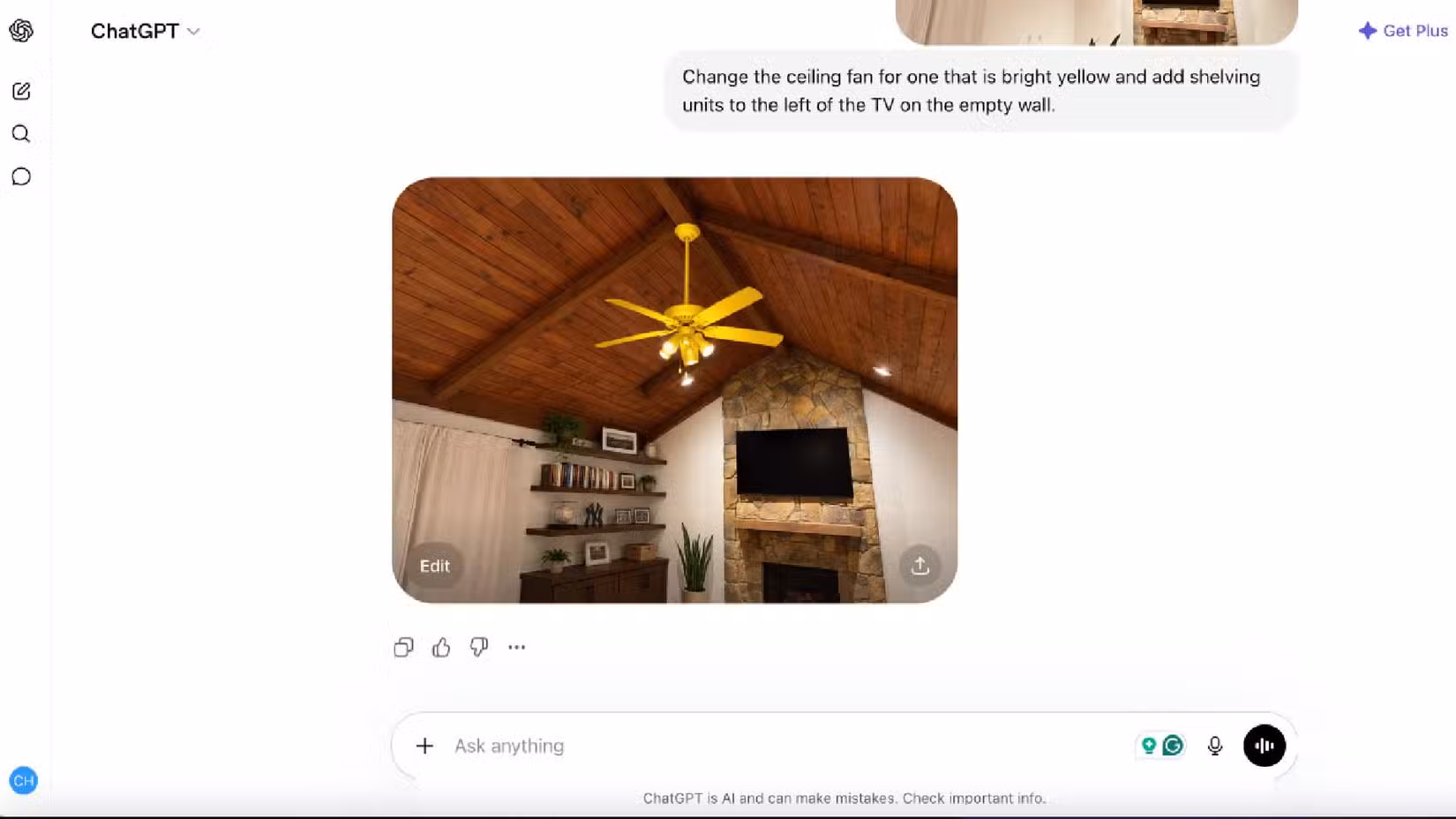 ChatGPT rendering what a photo could look like with a yellow fan and shelves