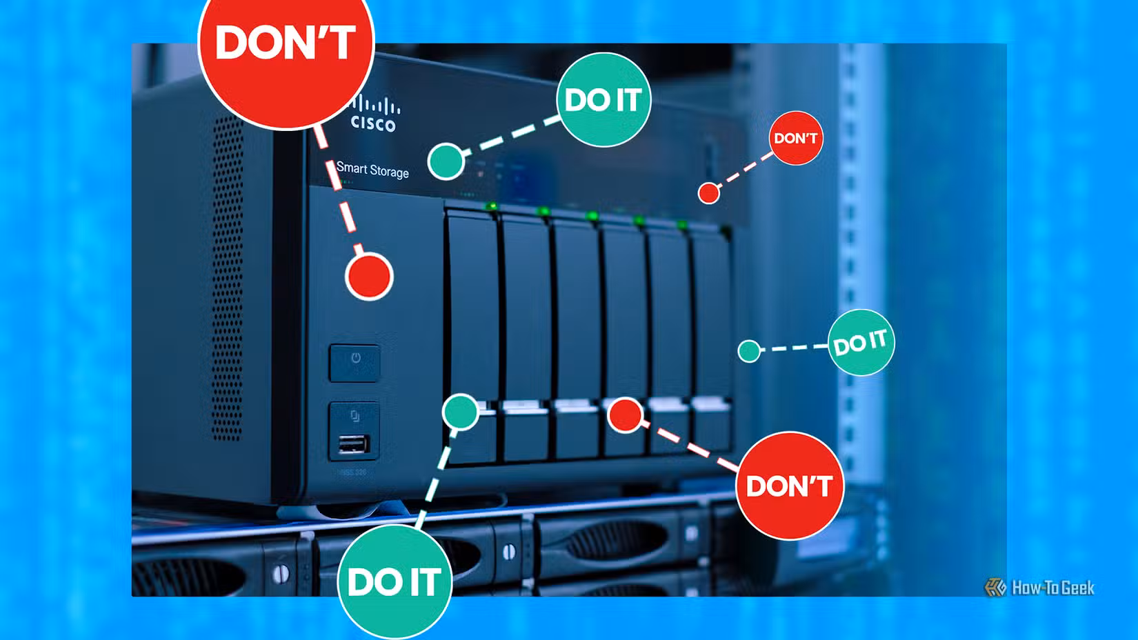 Close-up of a NAS server with labeled markers showing do’s and don’ts for homelab setup.