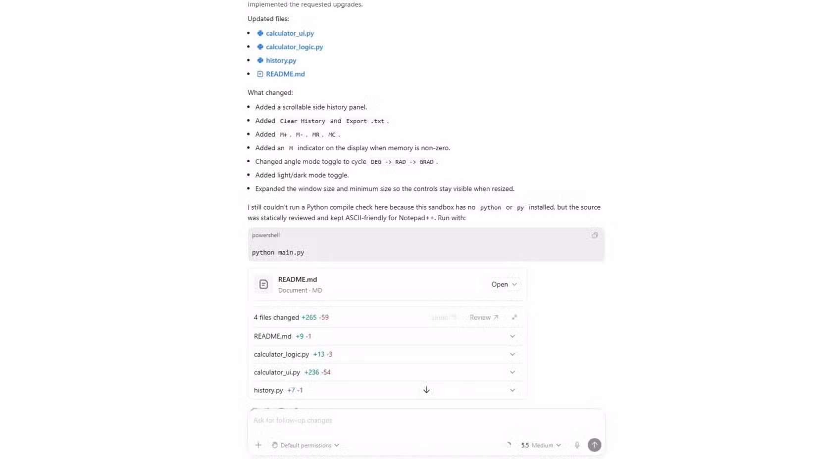 4 files changed in calculator app on Codex