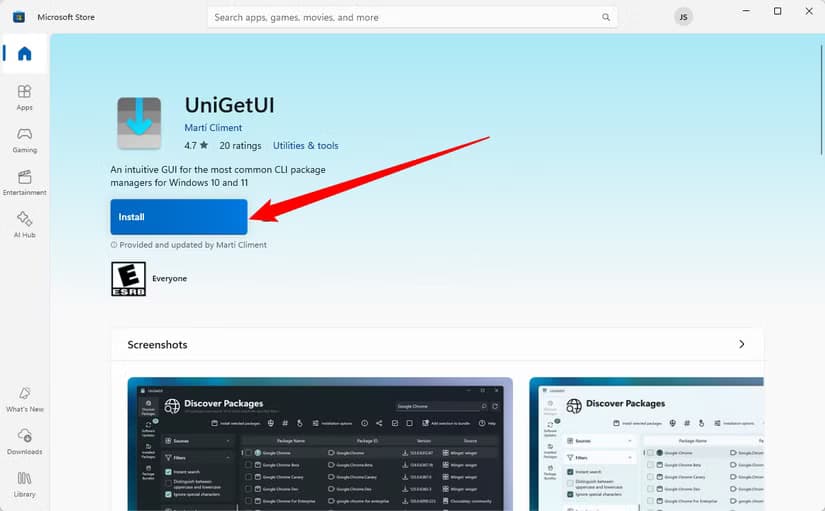 Click the "install" button to install UniGetUI from the Microsoft Store.