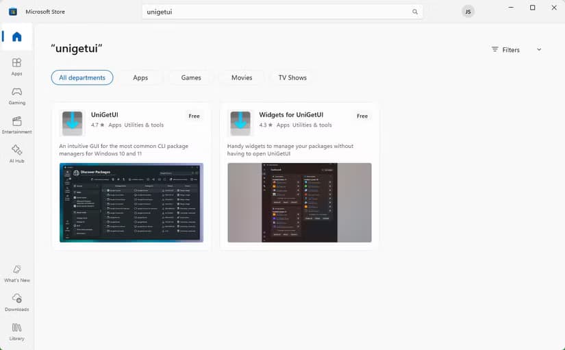 Searching for UniGetUI on the Microsoft Store.
