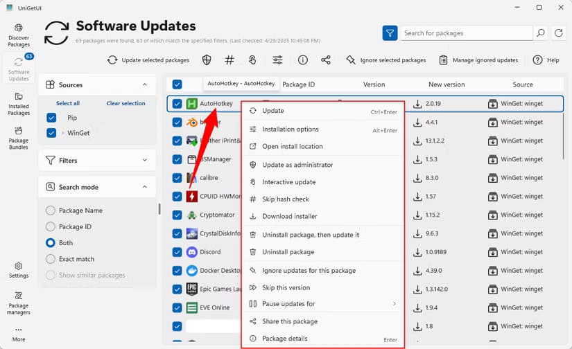 The right-click menu in UniGetUI.
