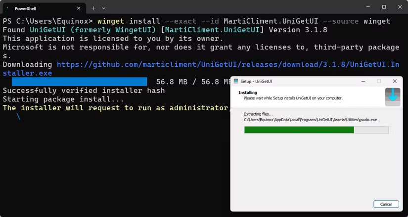 UniGetUI installing via Windows Terminal(PowerShell).