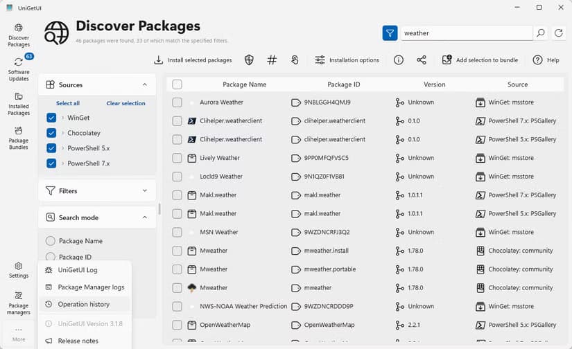 The Discover Packages tab in UniGetUI.