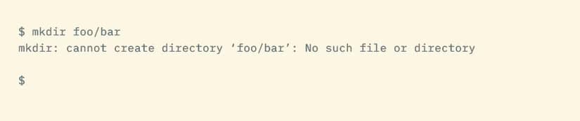 mkdir reporting an error that reads "cannot create directory foo/bar: no such file or directory"