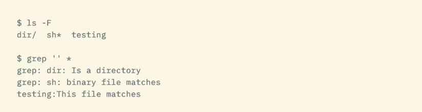 The grep command showing errors including "dir: is a directory" and "sh: binary file matches."