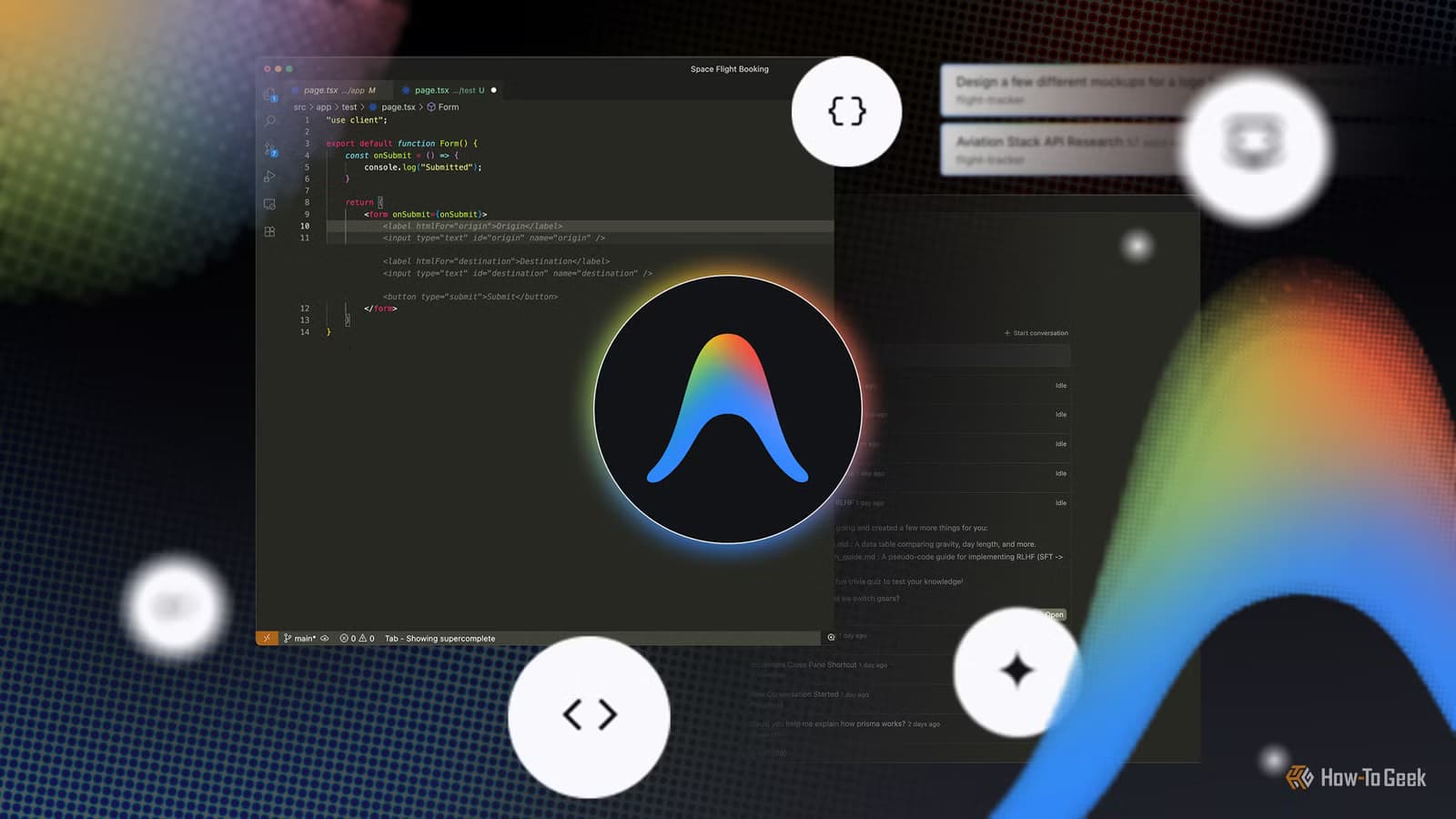 Illustration of Google’s Antigravity code editor with its colorful logo centered over a dark coding interface, surrounded by abstract gradient shapes and floating developer icons like brackets and arrows.