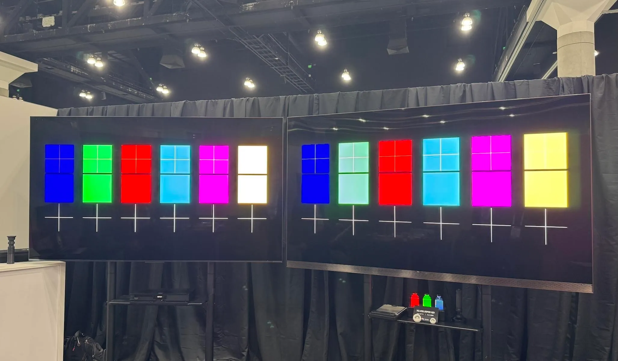 An RGB LED TV next to an SQD TV at the Nanosys booth during Display Week 2026.