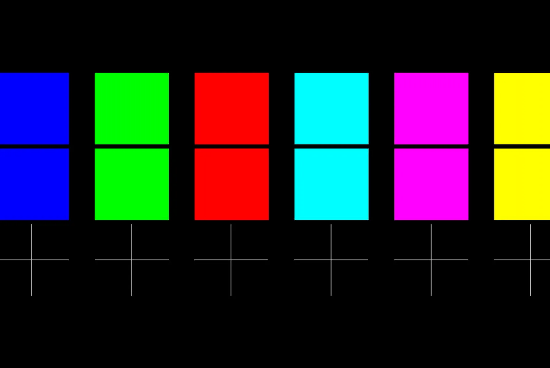 A black background with two rows of six boxes colored blue, green, red, cyan, magenta, and yellow, and a row of white crosses under the second row of boxes.