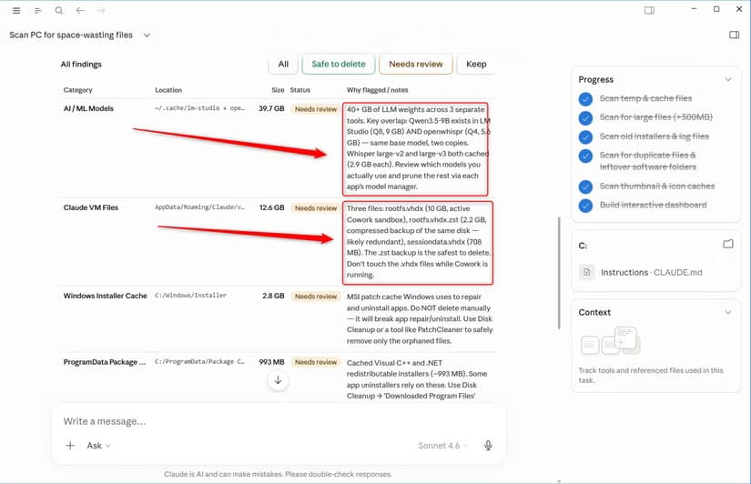 Claude Cowork all findings table listing AI ML models, Claude VM files, Windows Installer Cache, and package data flagged for review with reasons.-1