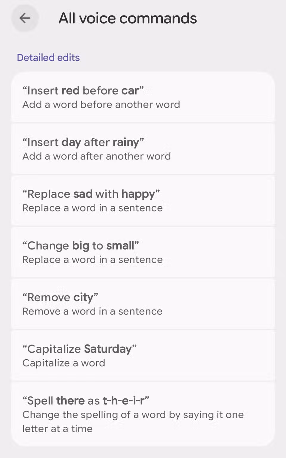 Gboard all voice commands screen showing rewrite options including Rephrase it, Make it professional, and Emojify it.