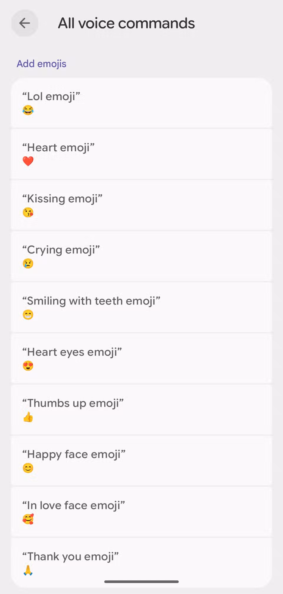 Gboard all voice commands screen showing the add emojis section with spoken emoji names and their corresponding symbols.