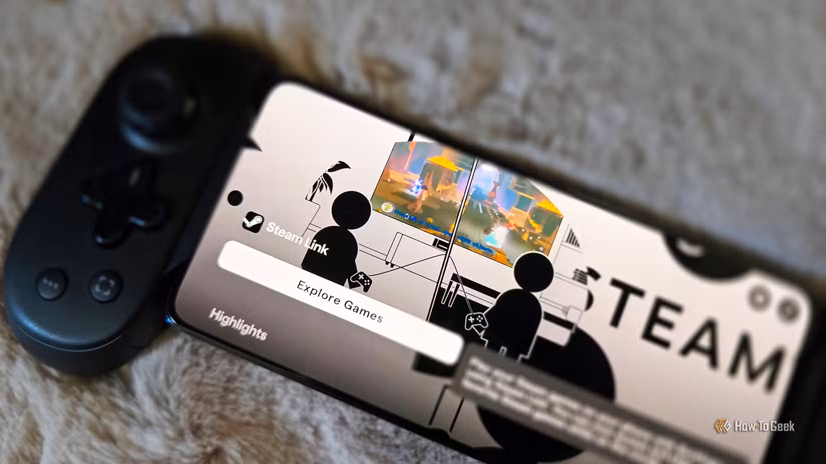 The Backbone Pro controller with the Steam Link page open on a mobile phone.
