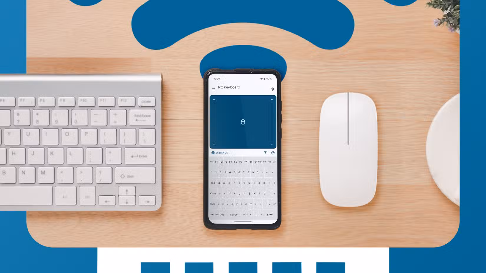 A smartphone displaying the Bluetooth Keyboard & Mouse app interface, placed between a physical white keyboard and mouse on a wooden desk.