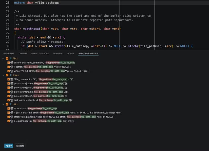 VS Code’s refactor preview panel showing a series of changes, each of which appears alongside a checkbox, across 3 files.