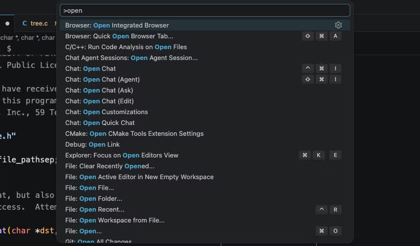 The VS Code command palette showing a list of possible commands underneath a search box.