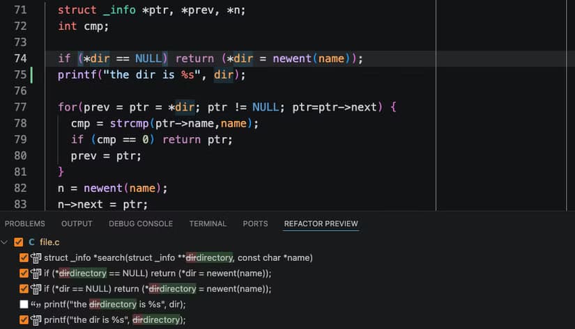 The VS Code refactor preview showing some changes selected, and others not.