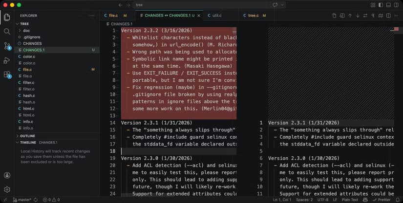 Two files, side-by-side, with a large block of text colored red that appears in the first but not the second.