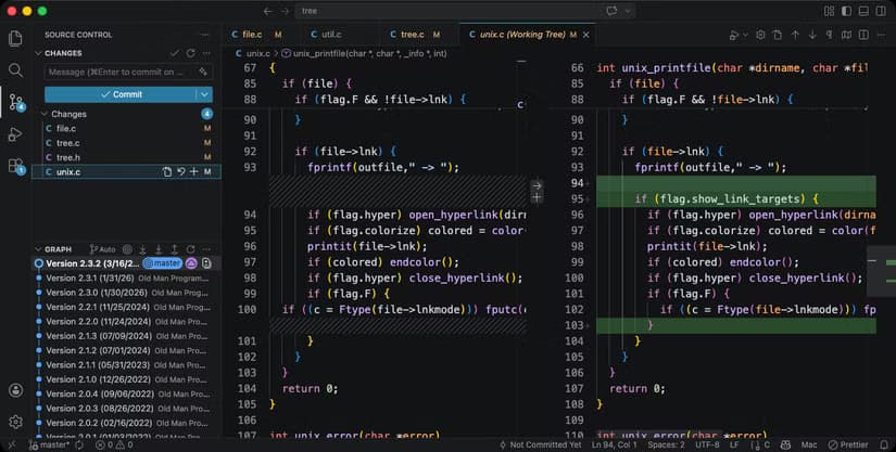 VS Code showing two versions of the same file side-by-side, with the one on the right showing two additions highlighted in green.