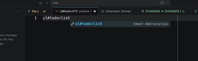 VS Code showing a string of HTML/CSS-like characters, with a popup message labelling it an "Emmet Abbreviation."