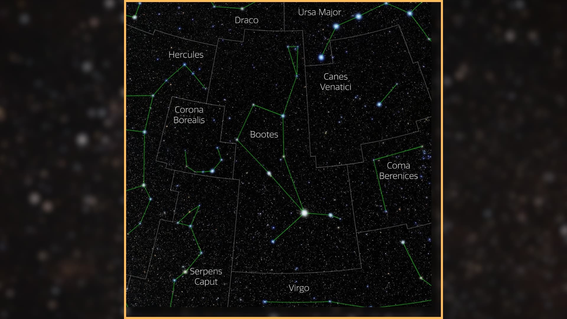 night sky map showing the location of the constellation bootes in the night sky.