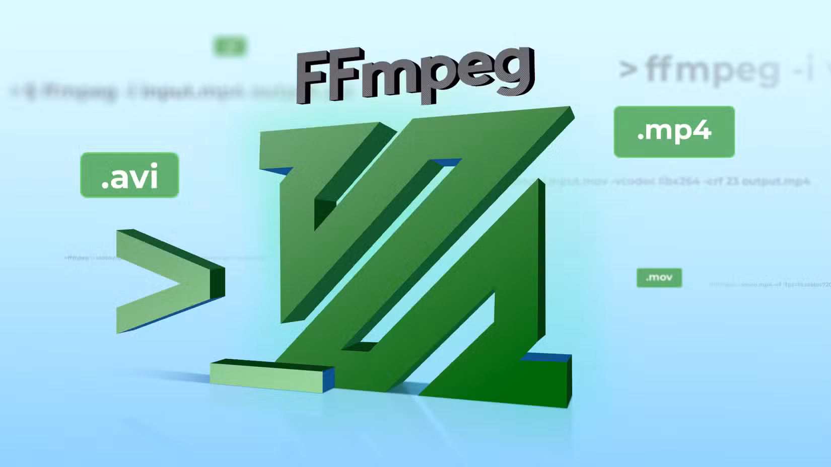The green FFmpeg logo with AVI, MP4, and MOV file extensions floating around it and blurred command-line code on a blue gradient background.