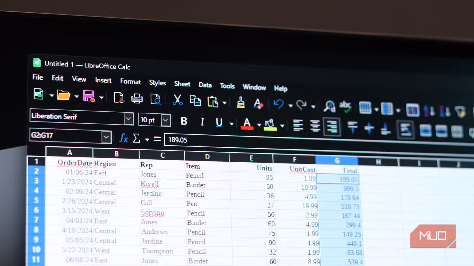 LibreOffice Calc with sample data.