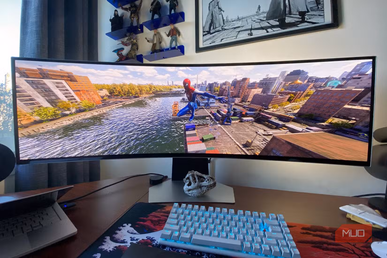 A Samsung Odyssey OLED G9 monitor displaying Marvel's Spider-Man 2