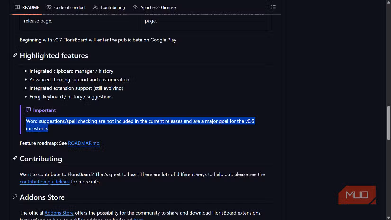 FlorisBoard GitHub README page noting that word suggestions and spell checking are currently missing.