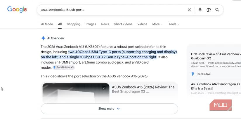 asus zenbook a16 usb port search.