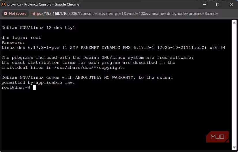 proxmox container console.