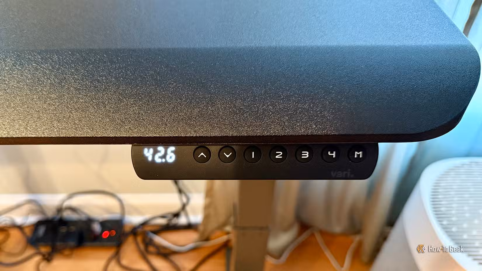 Close-up of control panel on Vari Electric Standing Desk with ComfortEdge.