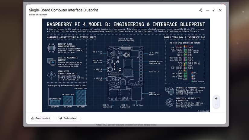 NotebookLM browser preview of the Raspberry Pi 4 engineering blueprint infographic
