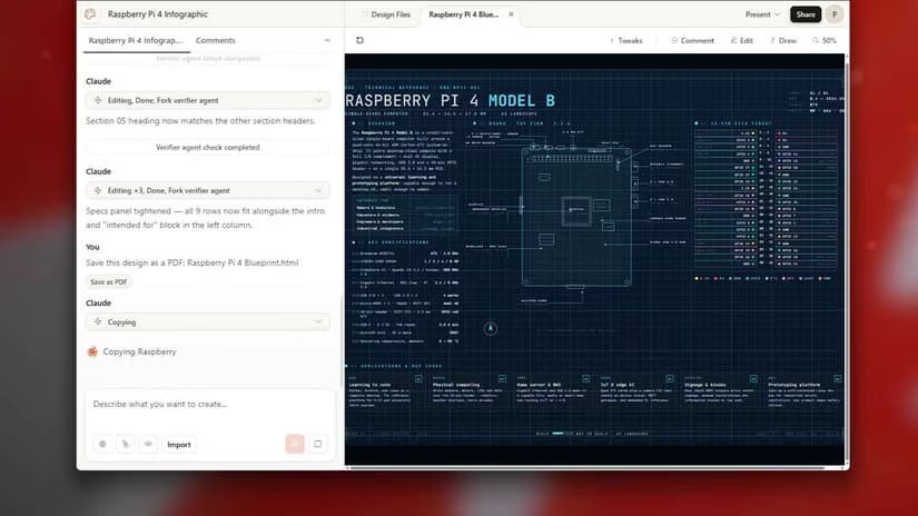Claude Design generating Raspberry Pi 4 Model B infographic with agent steps panel