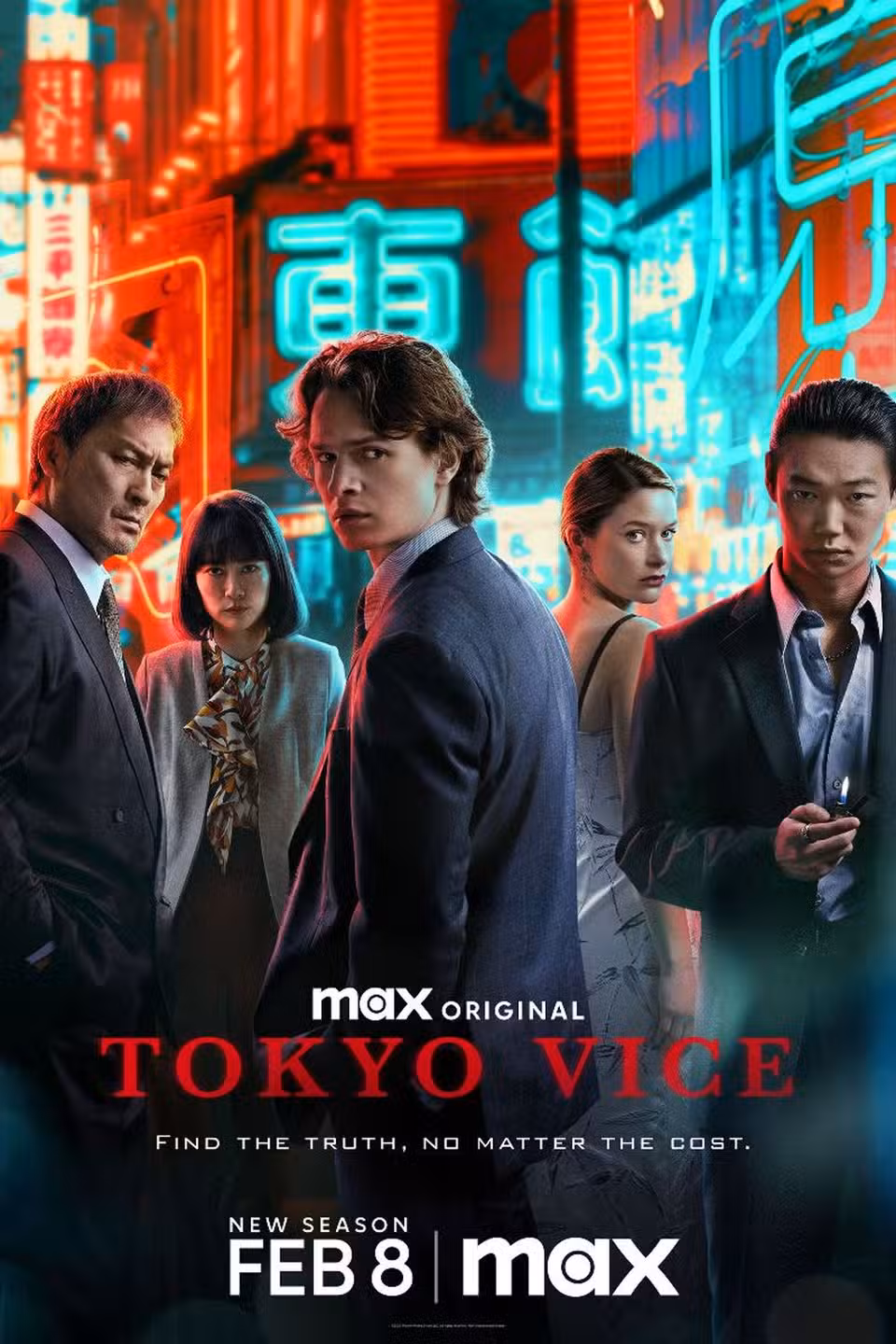 Tokyo Vice Season 2 Poster Featuring the Cast Standing in Front of Neon Lights