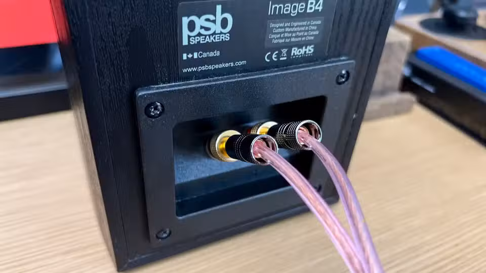 Speaker Wire and Banana Plugs Plugged Into a Speaker.