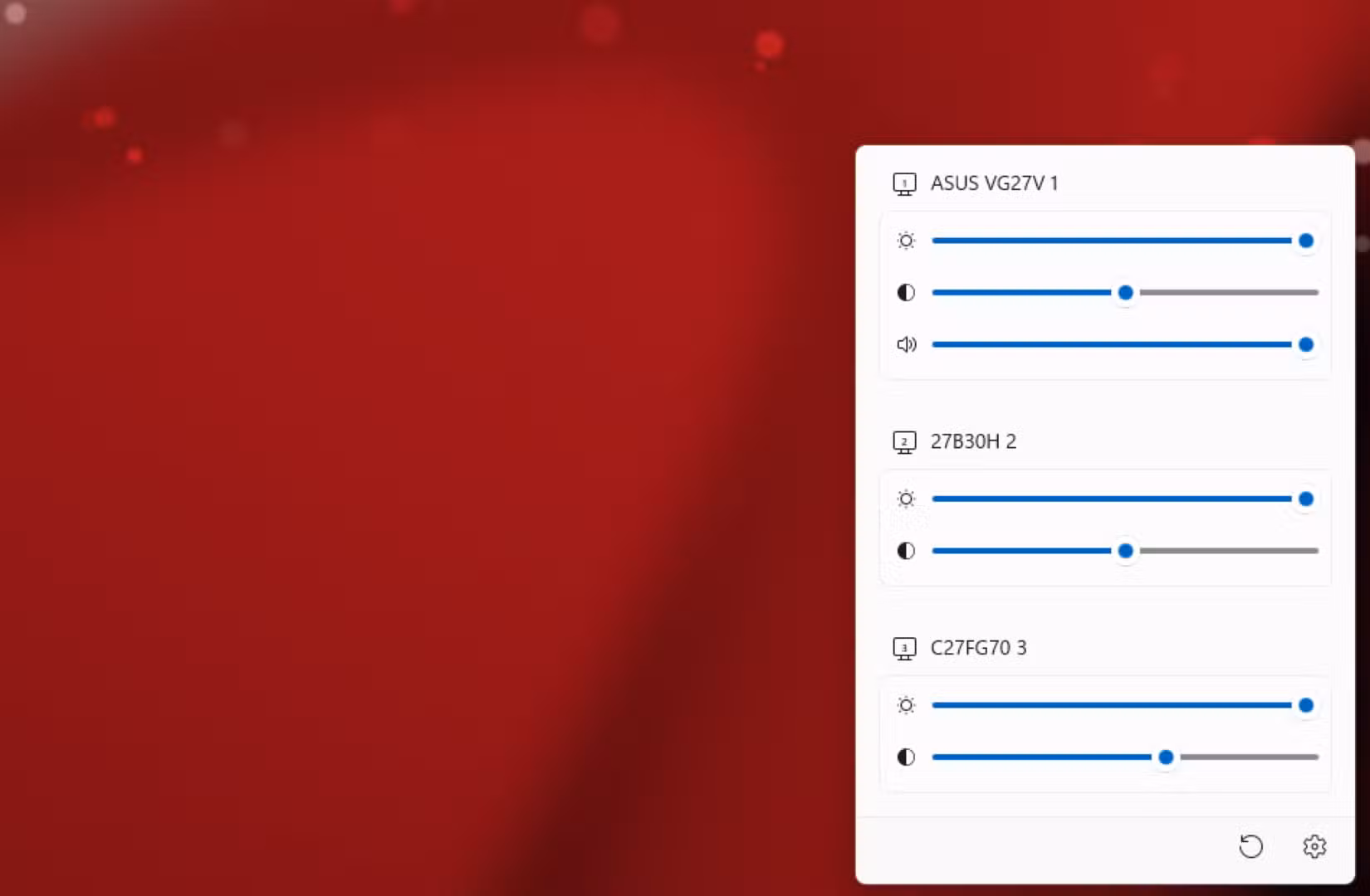 PowerToys Power Display flyout showing brightness and contrast sliders for three monitors